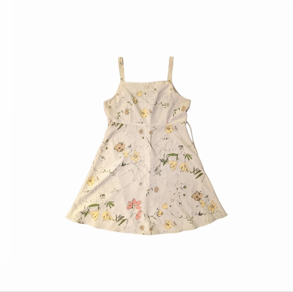 Floral Aline Minidress Tie Waist Tank Sleeves Square Neck Beige Pink Size Small - Picture 1 of 7